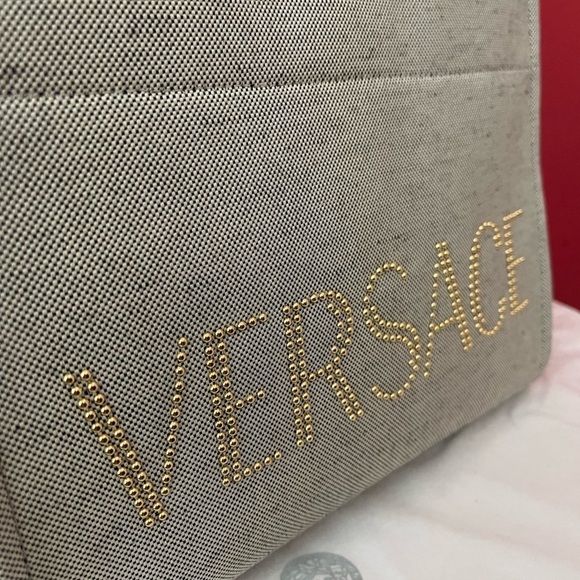 Versace Beige Canvas Tote Bag with Studded Logo Medusa Charm Unisex Shoulder Bag - Picture 10 of 16